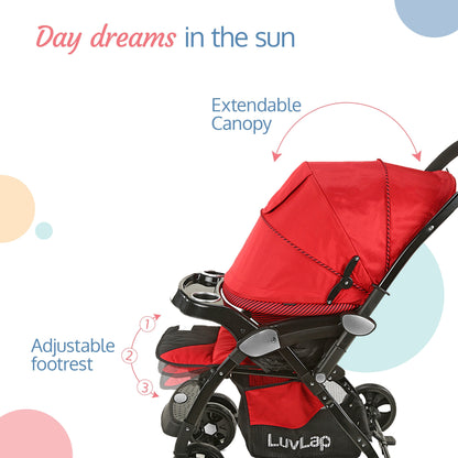 Galaxy baby stroller, Pram for baby with 5 point safety harness, Spacious Cushioned seat with Multi level seat recline, Easy Fold, Lightweight baby stroller for 0 to 3 years (Red & Black)