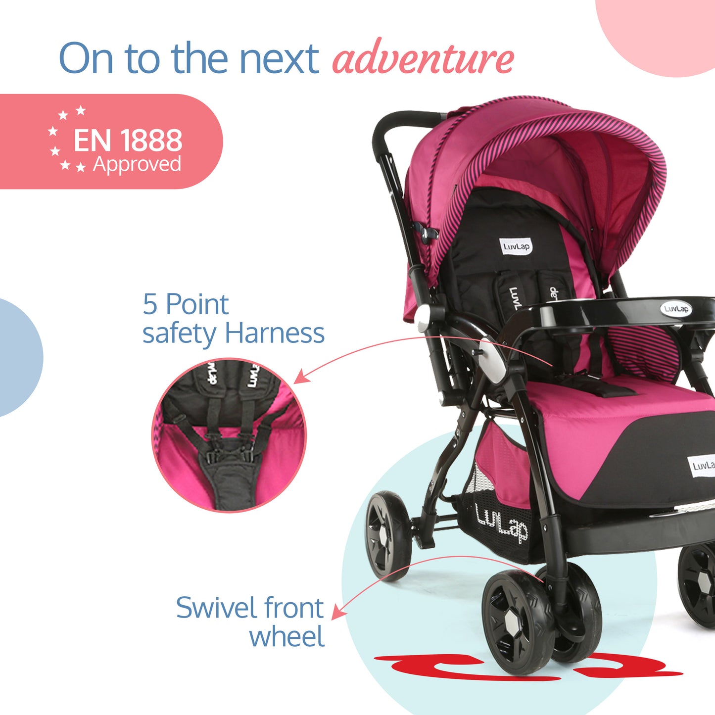 Galaxy baby stroller, Pram for baby with 5 point safety harness, Spacious Cushioned seat with Multi level seat recline, Easy Fold, Lightweight baby stroller for 0 to 3 years (Pink & Black)