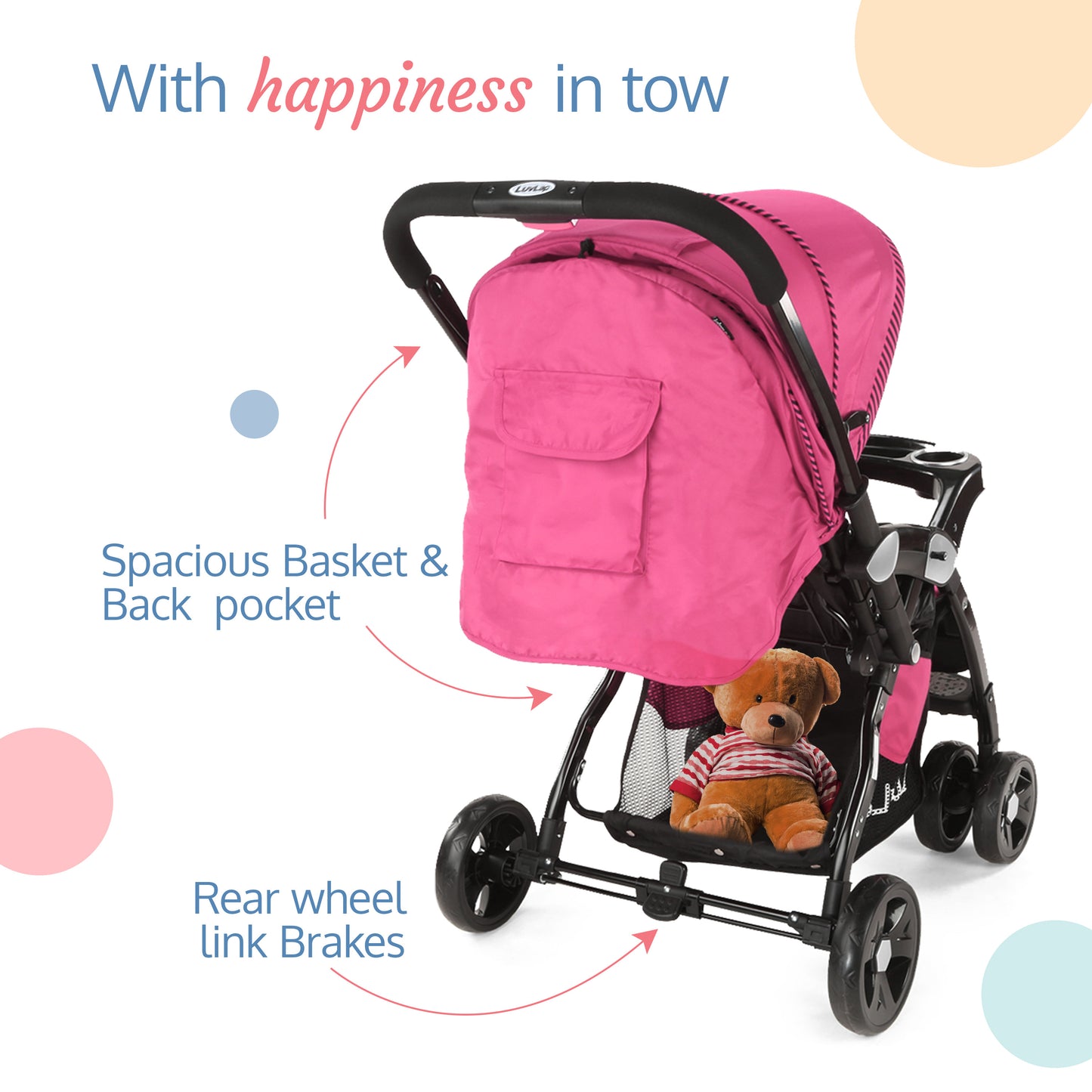Galaxy baby stroller, Pram for baby with 5 point safety harness, Spacious Cushioned seat with Multi level seat recline, Easy Fold, Lightweight baby stroller for 0 to 3 years (Pink & Black)