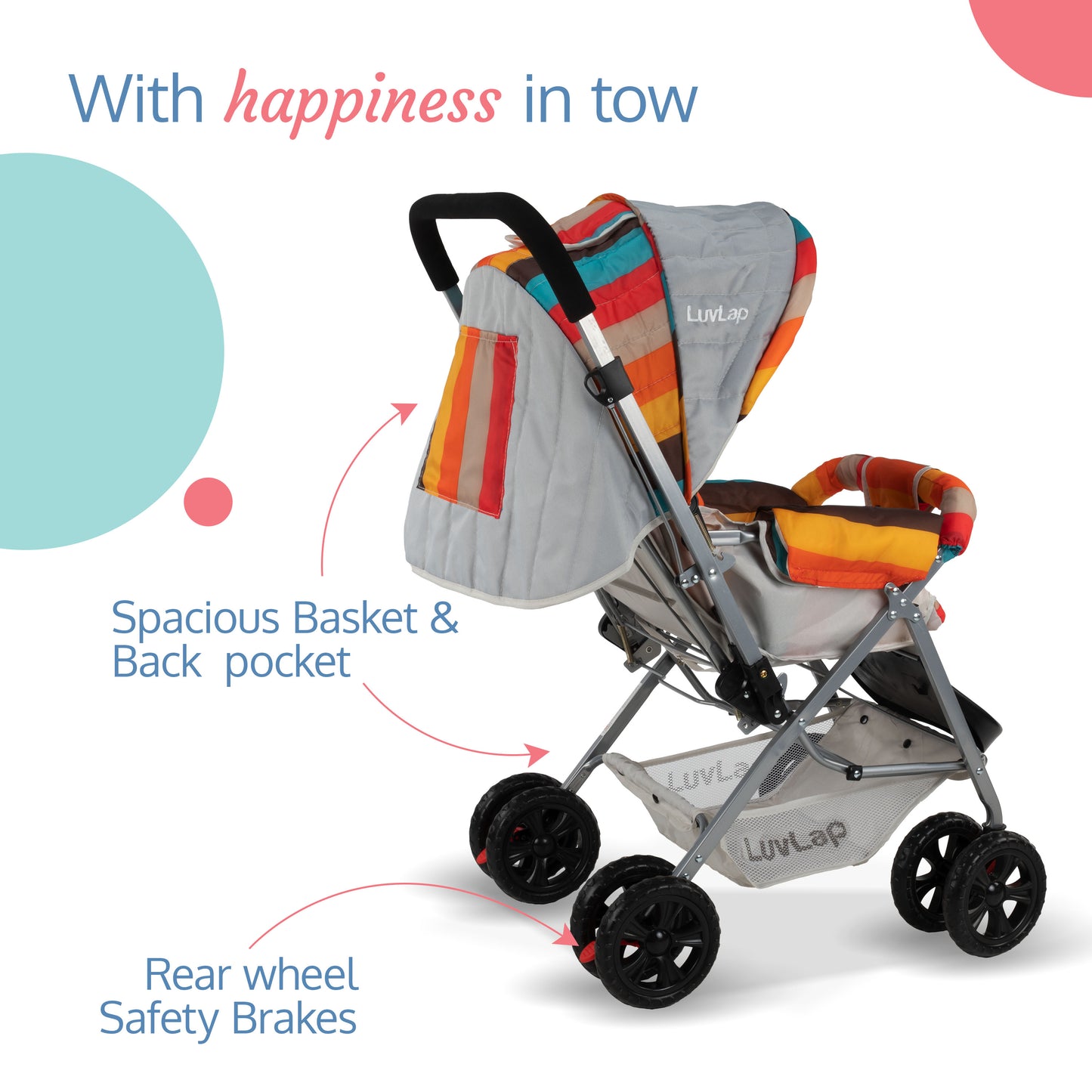 Sunshine Baby Stroller / Pram for 0 to 3 Years, New Born/Toddler/Kid,5 Point Safety Harness, Adjustable backrest, 360° Swivel Wheel,storage basket, Reversible Handlebar (Stripes,Multicolor)