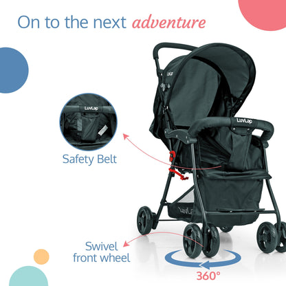 Apollo Stroller with Multi-Position Recline, Lightweight, 3-Point Safety Harness, Rear Wheel Brakes, Swivel Front Wheels, Storage Basket, Weight Capacity 15Kgs, Black