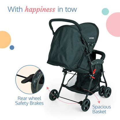Apollo Stroller with Multi-Position Recline, Lightweight, 3-Point Safety Harness, Rear Wheel Brakes, Swivel Front Wheels, Storage Basket, Weight Capacity 15Kgs, Black