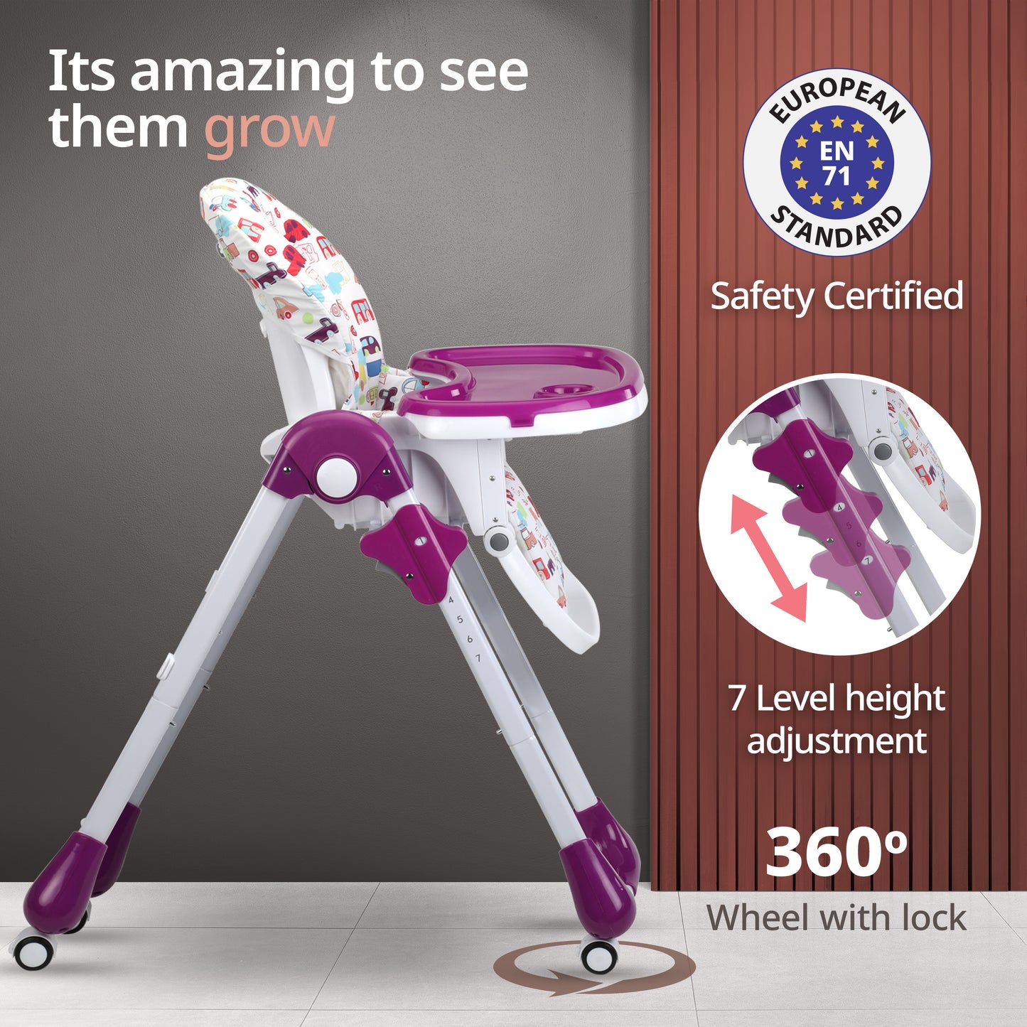 Royal High Chair for Baby, En 71 Certified, 3 Position Recline, Baby Feeding Chair with 7 Level Height Adjustment, Adjustable Footrest, 6 Months+ (Purple)