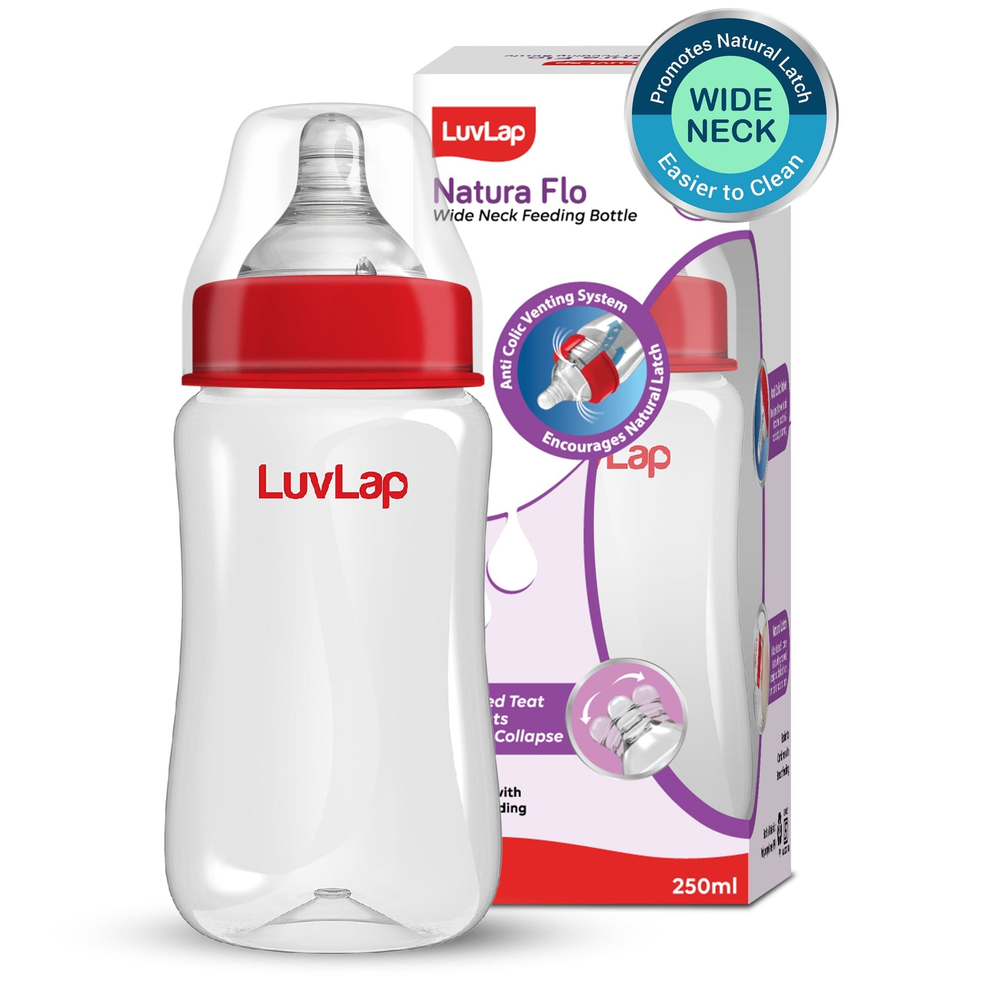 Anti-Colic Wide Neck Natura Flo Baby Feeding Bottle, 250ml