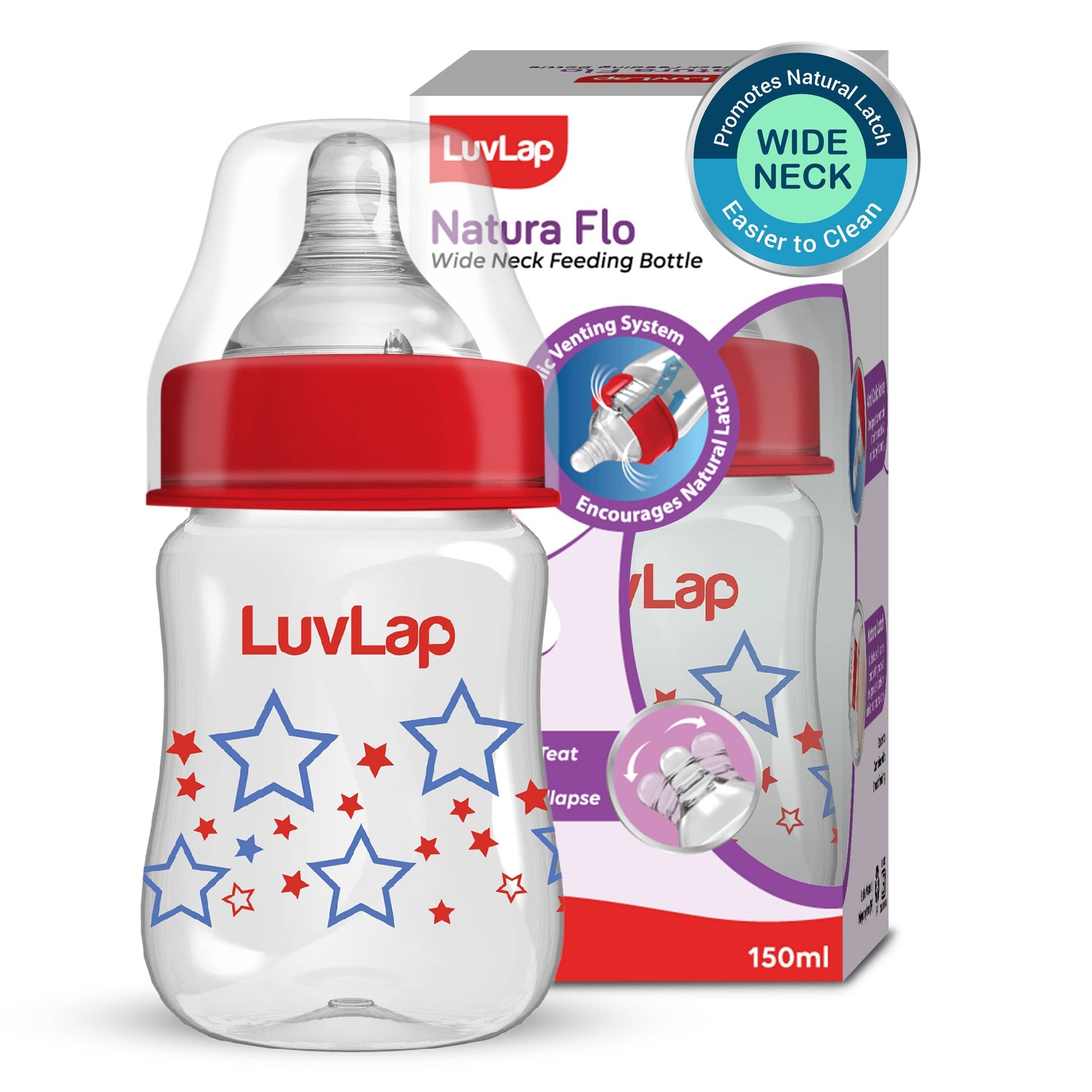 LuvLap Anti-Colic Wide Neck Natura Flo Baby Feeding Bottle, 150ml