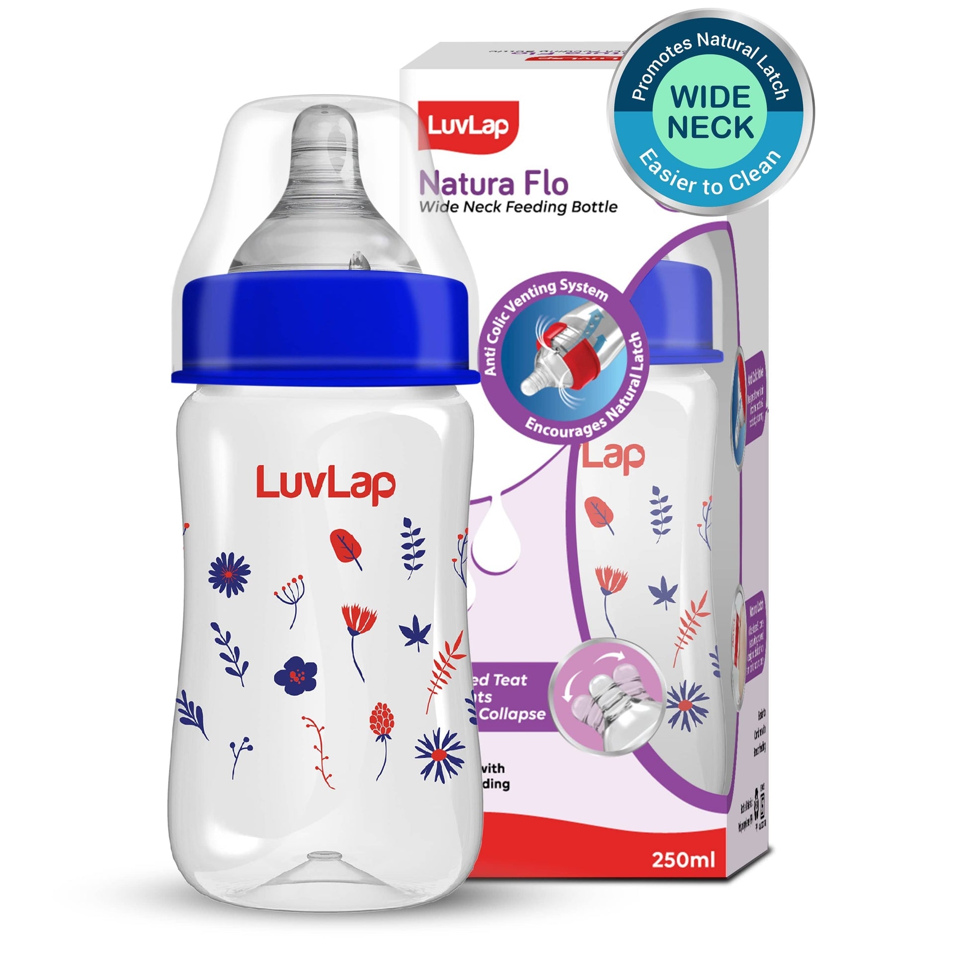 LuvLap Anti-Colic Wide Neck Natura Flo Baby Feeding Bottle, 250ml