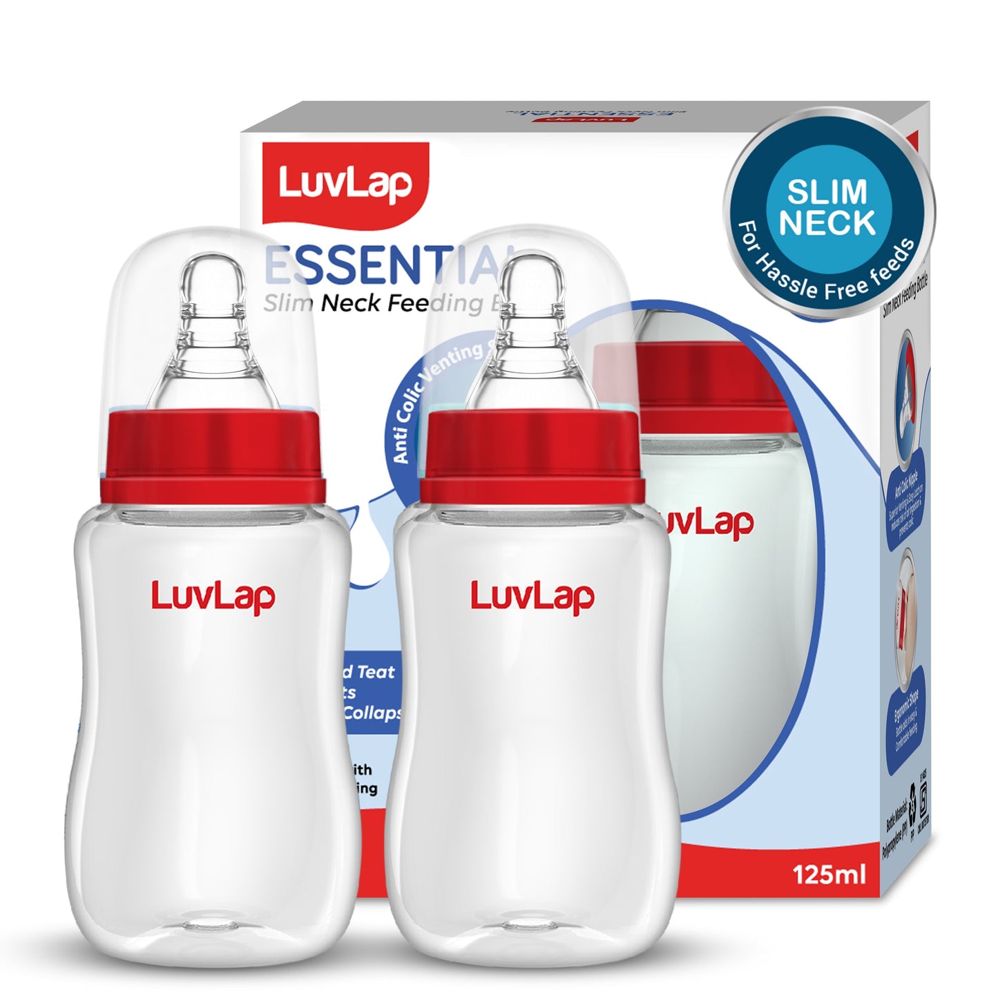 Anti-Colic Slim/Regular Neck Essential Baby Feeding Bottle, 125ml (Pack of 2)