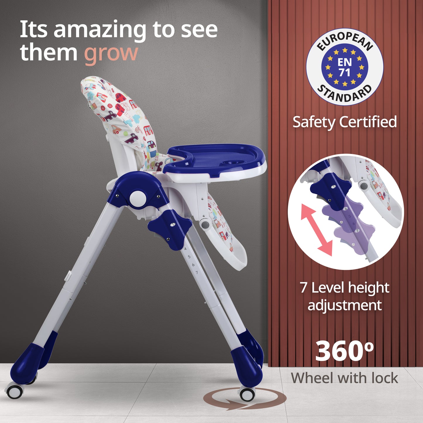 Royal High Chair for Baby, EN 71 Certified, 3 Position Recline, Baby Feeding Chair with 7 Level Height Adjustment, Adjustable Footrest, 6 Months+ (Blue)
