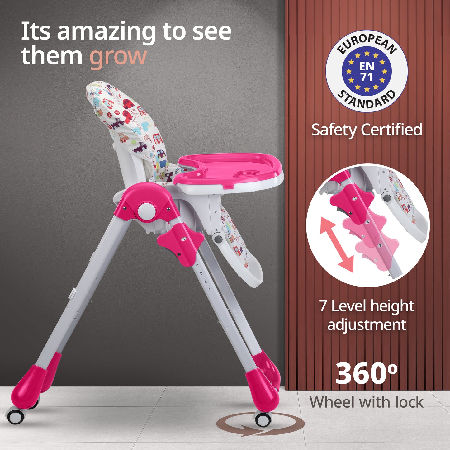 Royal High Chair for Baby, EN 71 Certified, 3 Position Recline, Baby Feeding Chair with 7 Level Height Adjustment, Adjustable Footrest, 6 Months+ (Pink)