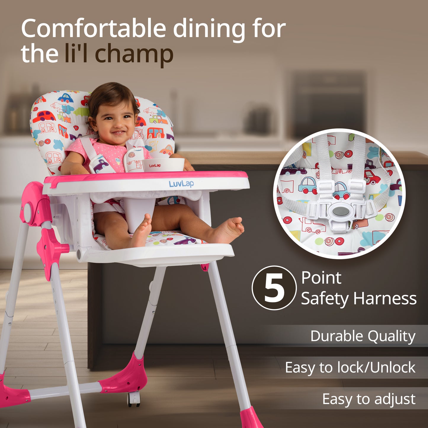 Royal High Chair for Baby, EN 71 Certified, 3 Position Recline, Baby Feeding Chair with 7 Level Height Adjustment, Adjustable Footrest, 6 Months+ (Pink)