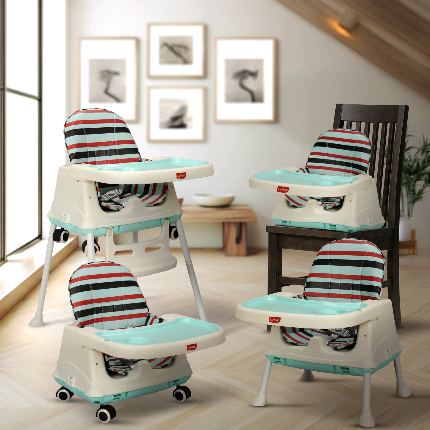 4In1 High Chair For Baby/Kids, Toddler Feeding Booster Seat With Wheels, 3 Height Adjustments, With Cushion, 6 Month To 3 Years, Portable (Blue)