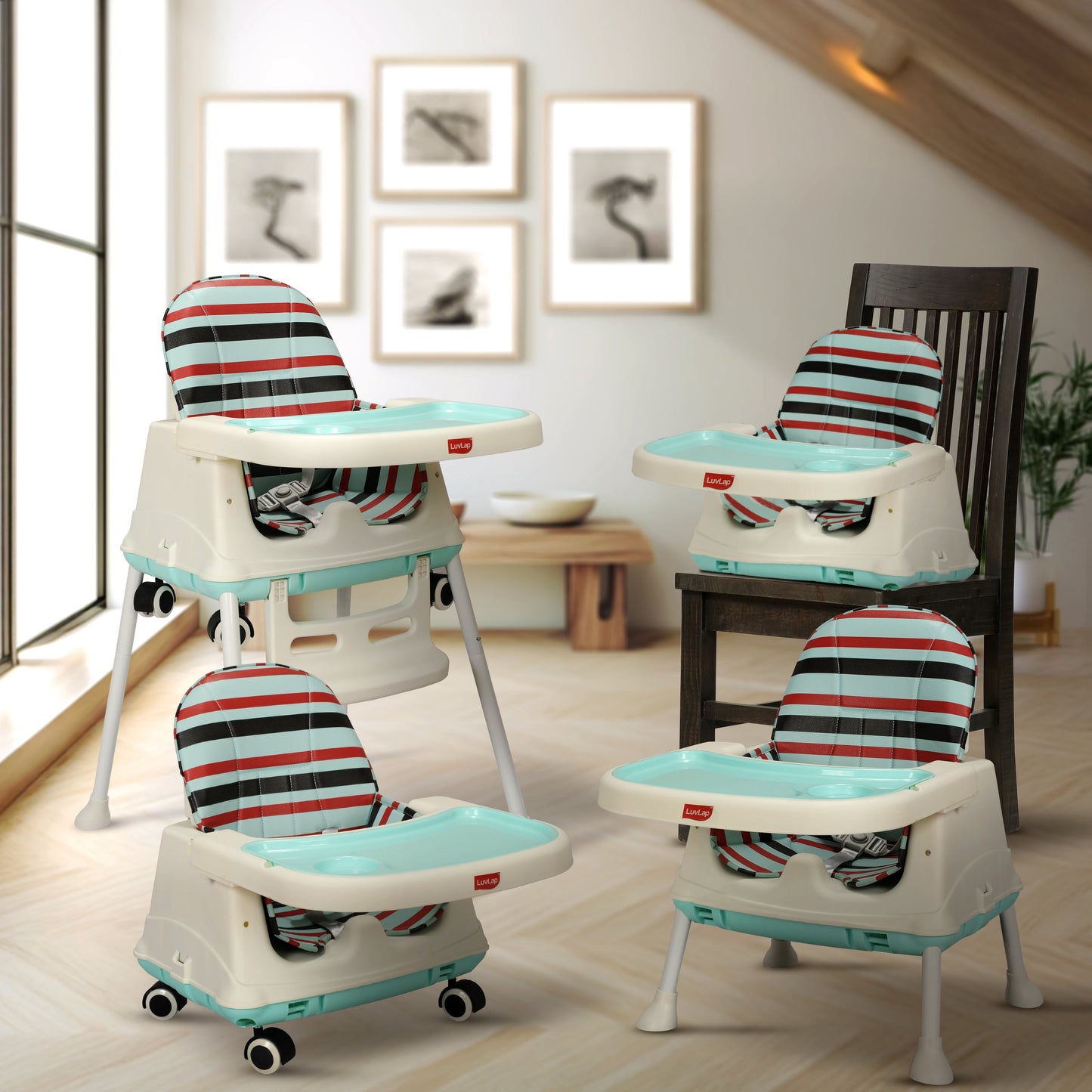 4In1 High Chair For Baby/Kids, Toddler Feeding Booster Seat With Wheels, 3 Height Adjustments, With Cushion, 6 Month To 3 Years, Portable (Blue)