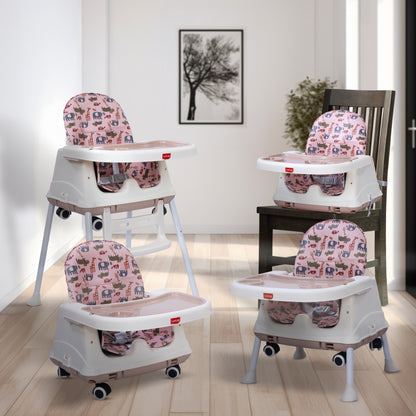 High Chair for Baby/Kids, Toddler Feeding Booster Seat with Wheels, 3 Height adjustments, With Cushion, 6 month to 3 years, Portable (Pink)