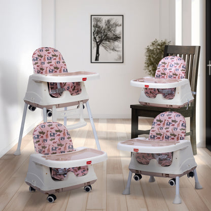 High Chair for Baby/Kids, Toddler Feeding Booster Seat with Wheels, 3 Height adjustments, With Cushion, 6 month to 3 years, Portable (Pink)