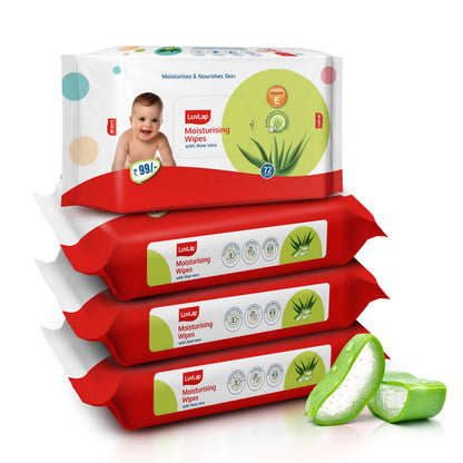 Moisturising Wet Wipes Without Lid for Baby Skin, Enriched with Aloe Vera, Vitamin E & Chamomile Extract, pH Balanced, Dermatologically Safe, Paraben & Sulphate Free, 72 Wipes, Pack of 4