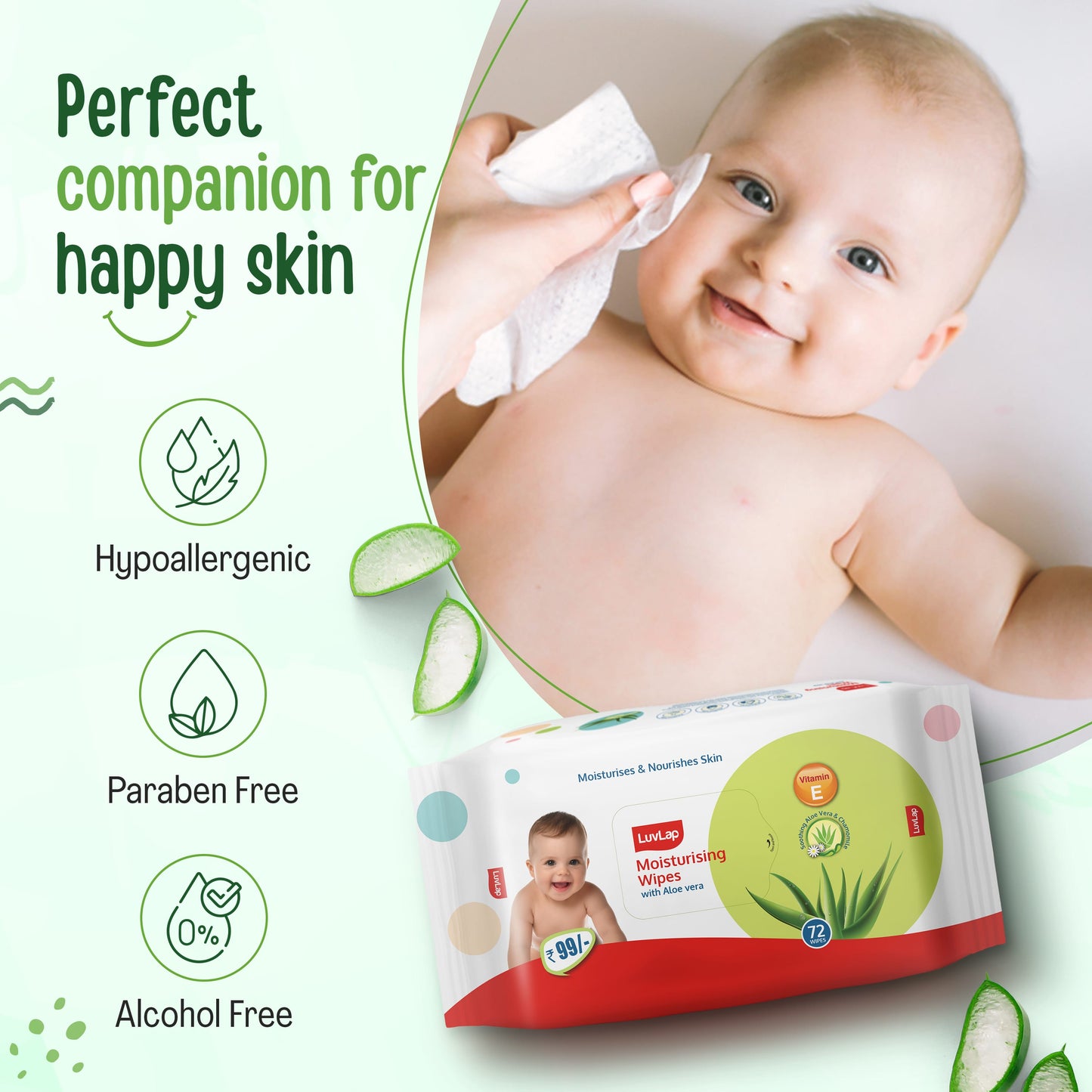 Moisturising Wet Wipes Without Lid for Baby Skin, Enriched with Aloe Vera, Vitamin E & Chamomile Extract, pH Balanced, Dermatologically Safe, Paraben & Sulphate Free, 72 Wipes, Pack of 4