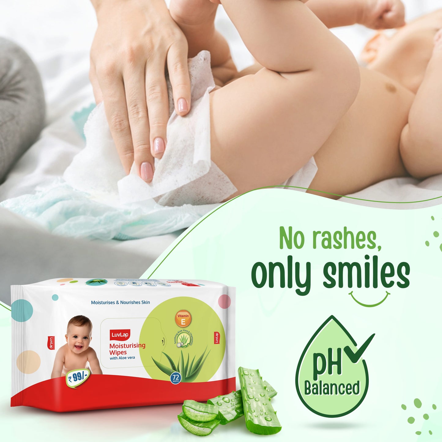 Moisturising Wet Wipes Without Lid for Baby Skin, Enriched with Aloe Vera, Vitamin E & Chamomile Extract, pH Balanced, Dermatologically Safe, Paraben & Sulphate Free, 72 Wipes, Pack of 4