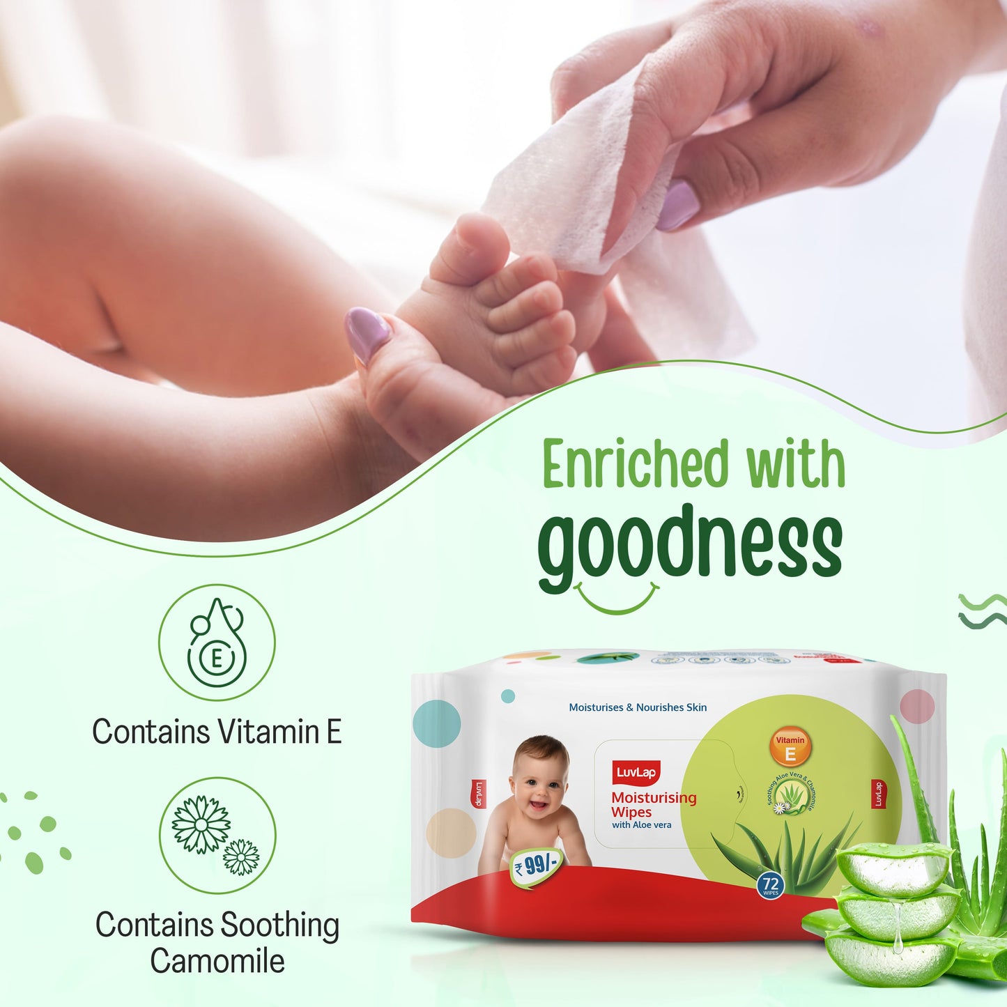LuvLap Moisturising Wet Wipes without Lid For Baby Skin, Enriched with Aloe Vera, Vitamin E & Chamomile Extract, pH Balanced, Dermatologically Safe, Paraben & Sulphate Free, 72 Wipes, pack of 3
