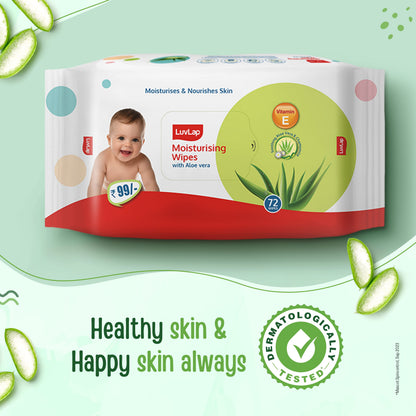 LuvLap Moisturising Wet Wipes without Lid For Baby Skin, Enriched with Aloe Vera, Vitamin E & Chamomile Extract, pH Balanced, Dermatologically Safe, Paraben & Sulphate Free, 72 Wipes, pack of 3
