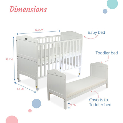 Cot C-65 Wooden Baby Cot for Kids with Mattress, White