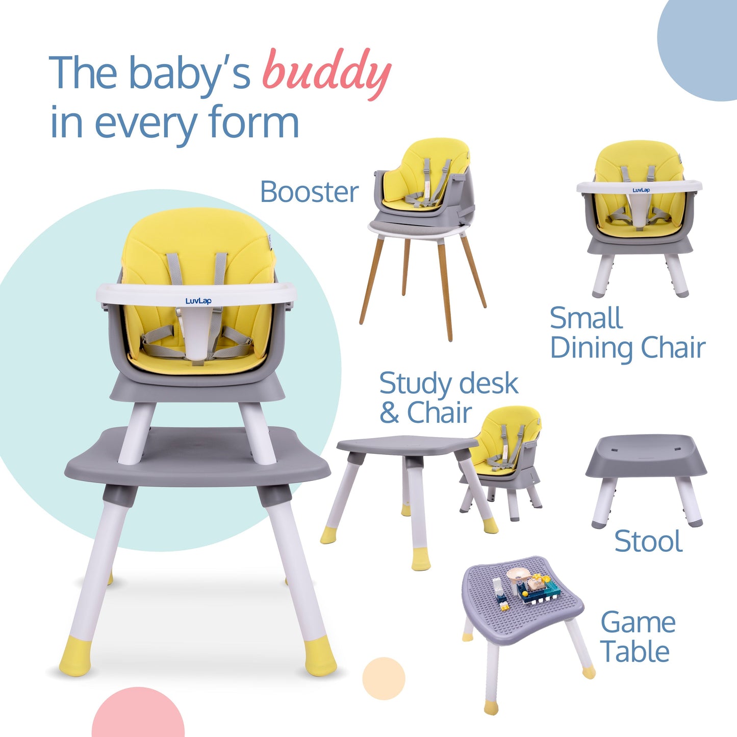 Multifunction 6 in 1 Baby high Chair ,Suitable for 6 to 36 Months (Grey and Yellow)