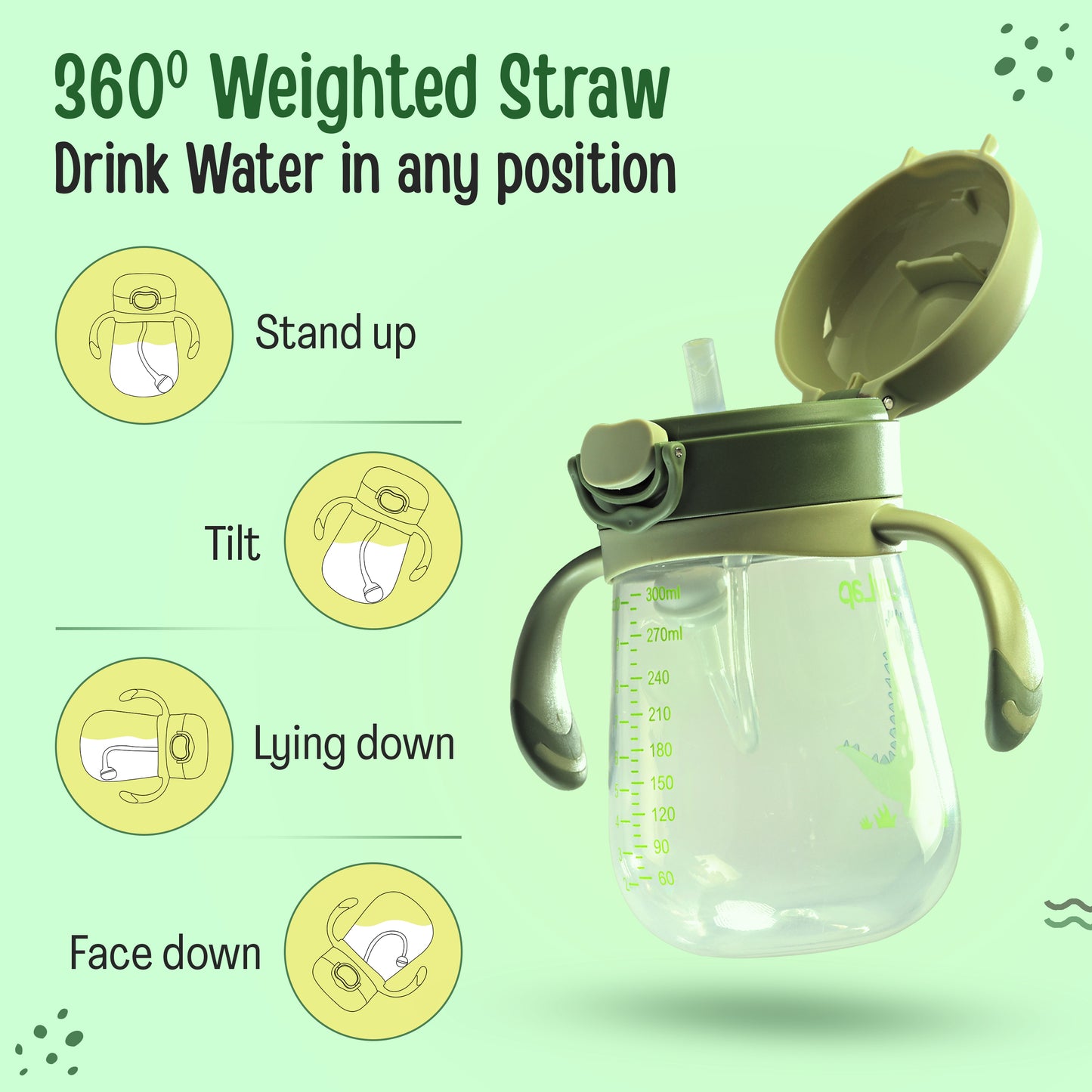 Baby Bite Resistant Soft Straw Sipper, 300 ml, Green
