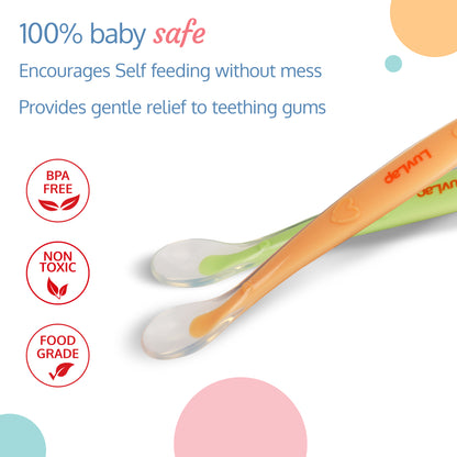 Silicone Baby Self Feeding Spoon with Ultra Soft Tip 4 M+, Green & Pink