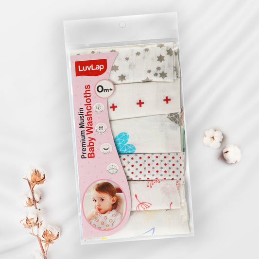 Premium Baby Washcloth for New Born,  6 Pcs, Dots, Hearts Print
