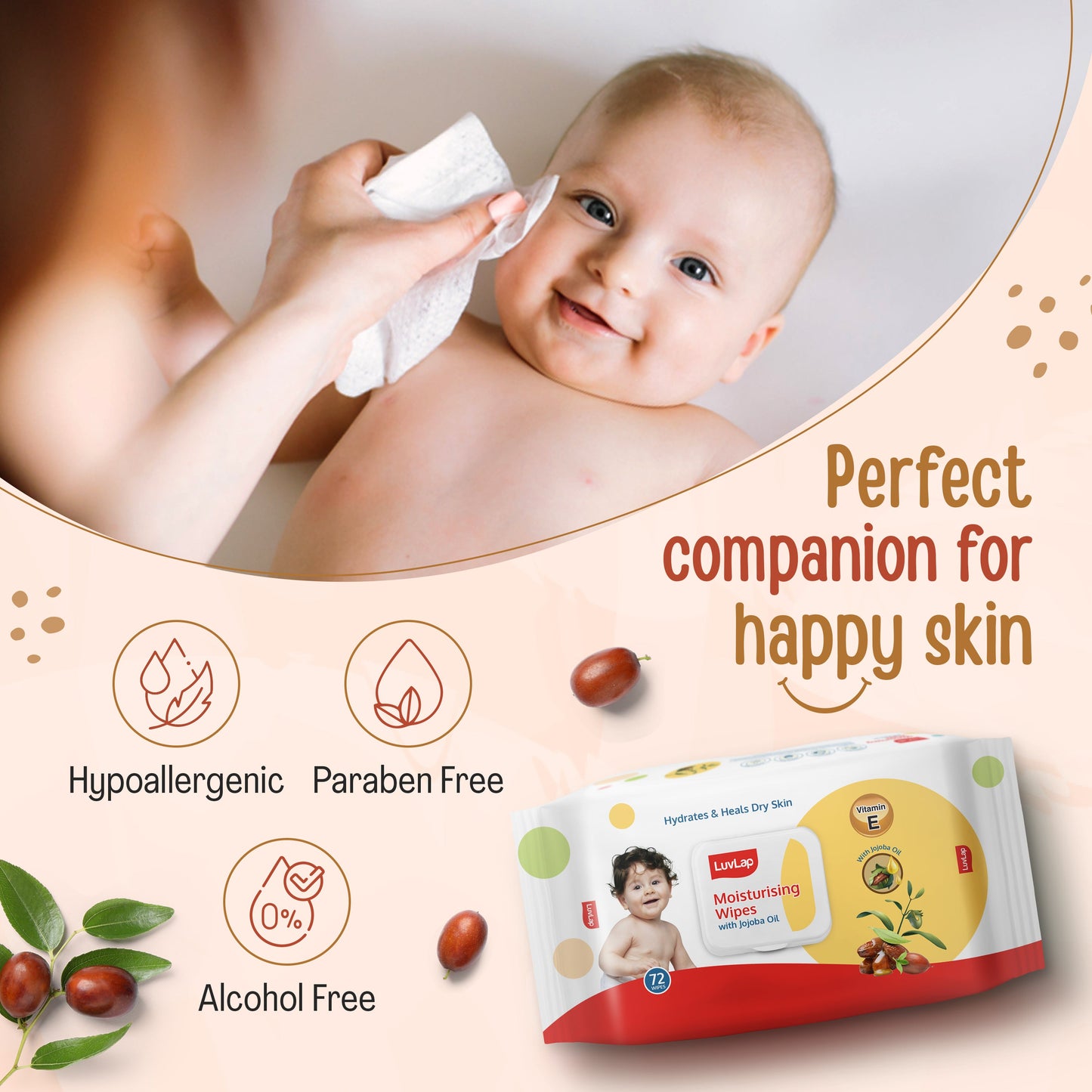 Paraben Free Moisturizing Baby Wipes with Jojoba Oil (72 Wipes/Pack, Pack of 3, Buy 2 Get 1 Free)