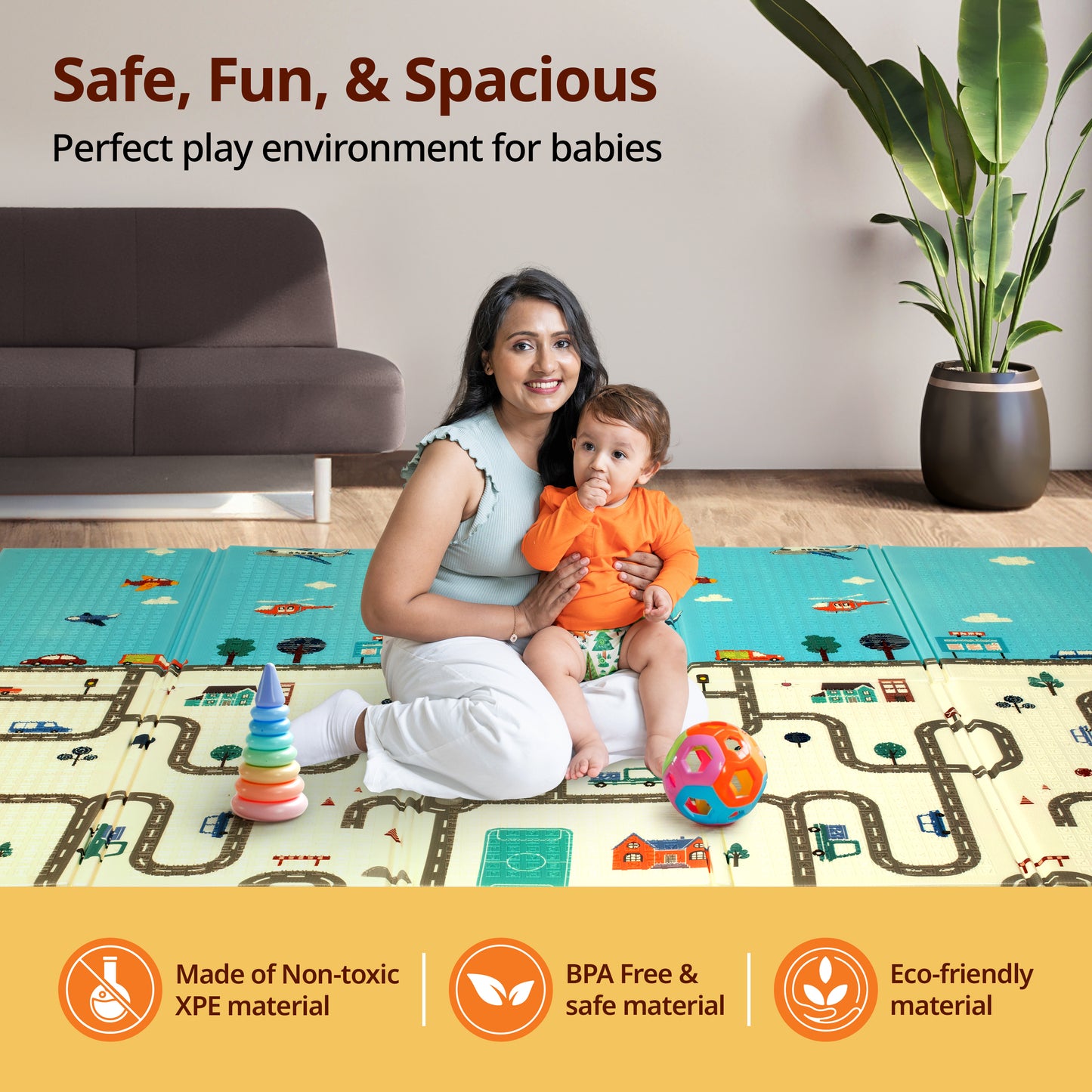 Cityscape Double Sided Water Proof Baby Floor Mat, Multicolor, Reversible Floor mats for Kids, Baby mats for Floor, Crawling Baby, Extra Large Size, 6'5" x 4'10" (195.5cmx147cm), 0.8cm Thick