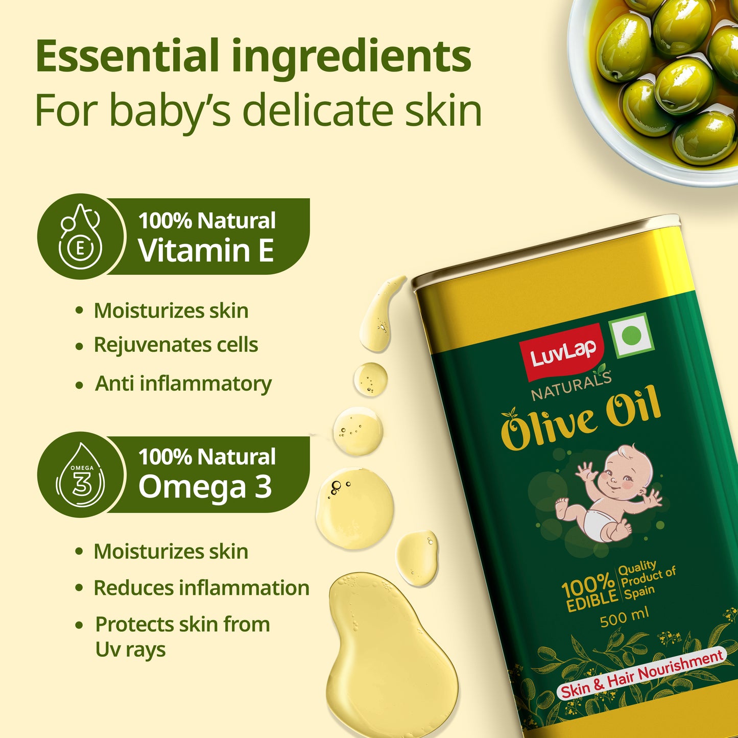 LuvLap Naturals Baby Body Massage Olive Oil, 500 ML, Spanish Premium Olive Oil, Enhances Bone & Muscle Strength