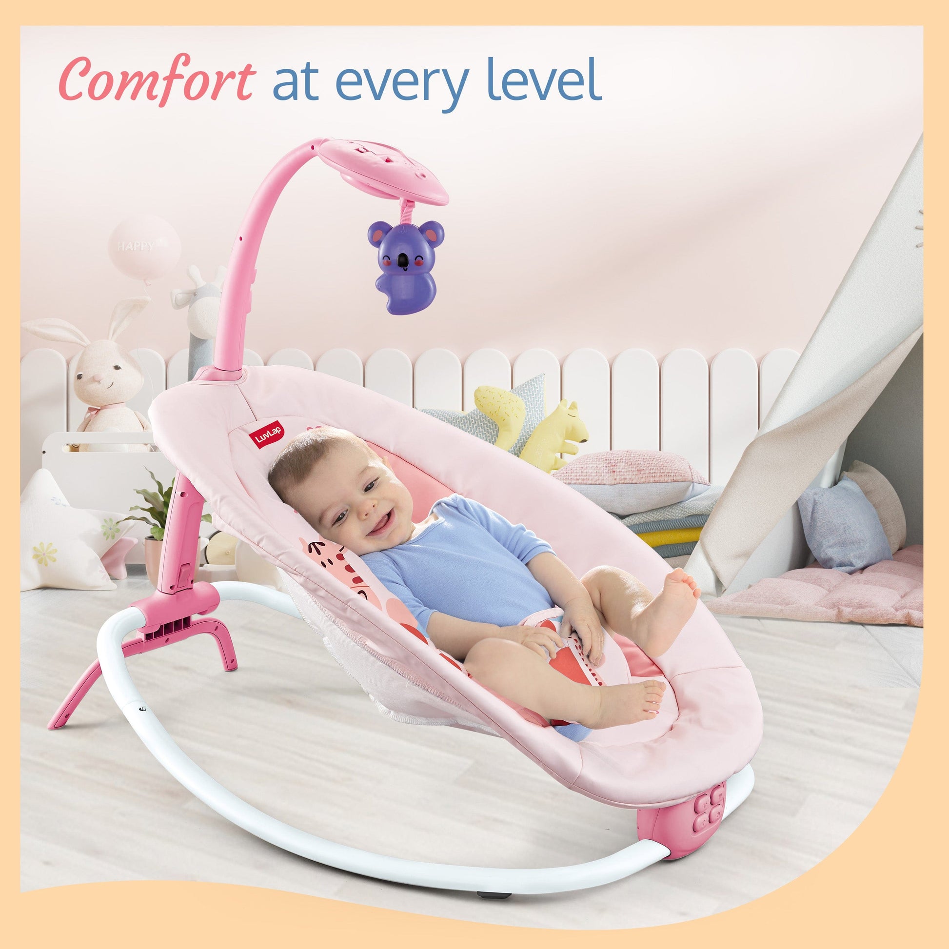 LuvLap Joy-n-Giggles Baby Rocker for Infants - Motorized Swing with soothing vibration, Music Speaker with Pre-set music, 360? rotating toybar, 3 point safety harness, Remote Control, Pink Luvlap Store LuvLap Joy-n-Giggles Baby Rocker for Infants - Motorized Swing with soothing vibration, Music Speaker with Pre-set music, 360? rotating toybar, 3 point safety harness, Remote Control, Pink Luvlap Store