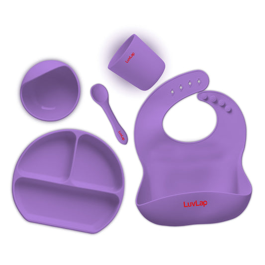5 - in - 1 Silicone Baby Cutlery Set, Baby Feeding & weansing essentials - Divider Plate with suction base, Tumbler, Bib with crumb catcher, Food Bowl with suction base, Silicone Spoon (Purple)
