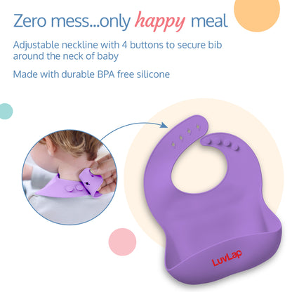 5 - in - 1 Silicone Baby Cutlery Set, Baby Feeding & weansing essentials - Divider Plate with suction base, Tumbler, Bib with crumb catcher, Food Bowl with suction base, Silicone Spoon (Purple)