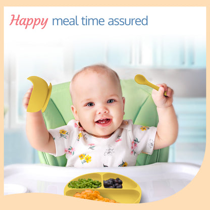 5 - in - 1 Silicone Baby Cutlery Set, Baby Feeding & weansing essentials - Divider Plate with suction base, Tumbler, Bib with crumb catcher, Food Bowl with suction base, Silicone Spoon ( Yellow )