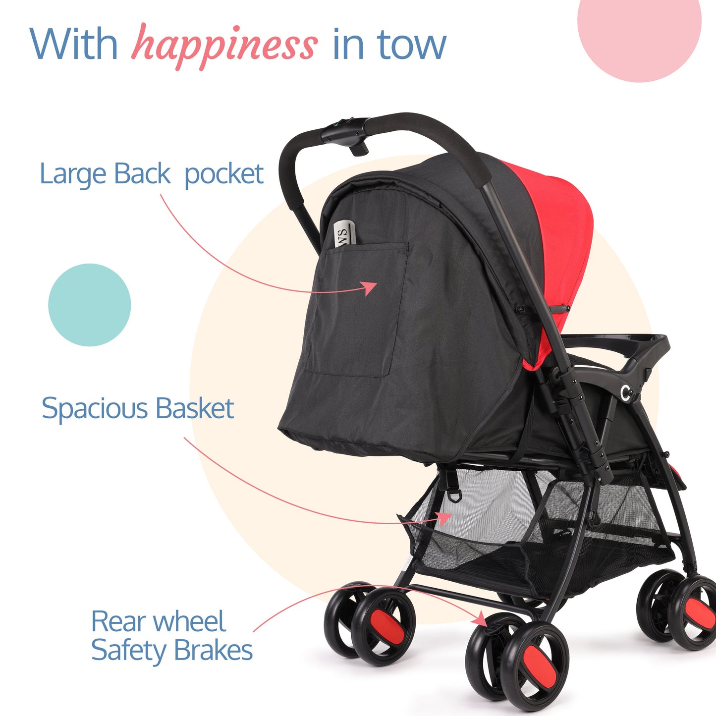 Golf Baby Stroller/Pram with 5 Point Safety Harness, Multi Level Recline & Adjustable footrest, Extendable Canopy, Red & Black