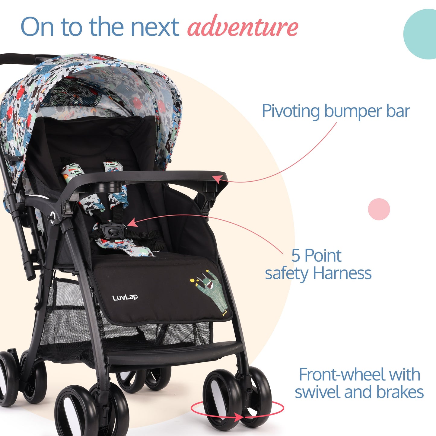 Golf Baby Stroller/Pram with 5 Point Safety Harness, Multi Level Recline & Adjustable footrest, Extendable Canopy, Blue Printed