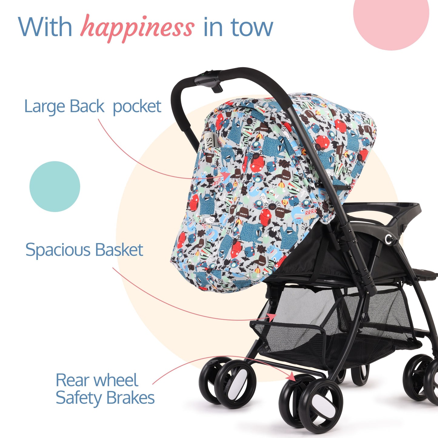 Golf Baby Stroller/Pram with 5 Point Safety Harness, Multi Level Recline & Adjustable footrest, Extendable Canopy, Blue Printed