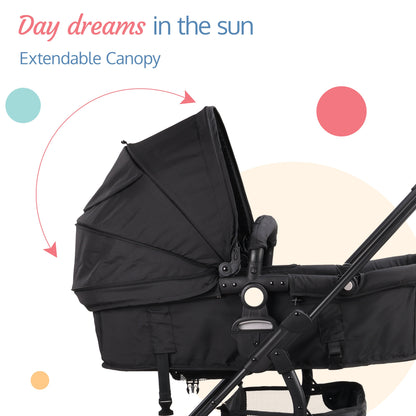 Regal Baby Stroller/Pram with 5 Point Safety Harness, Reversible Stroller, Looking Window, Multi Level Recline & Adjustable footrest, Extendable Canopy, Black