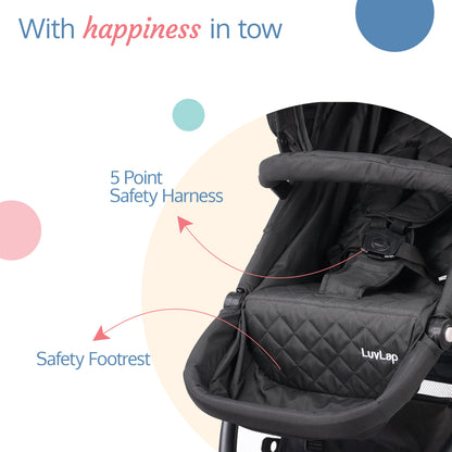 Regal Baby Stroller/Pram with 5 Point Safety Harness, Reversible Stroller, Looking Window, Multi Level Recline & Adjustable footrest, Extendable Canopy, Black