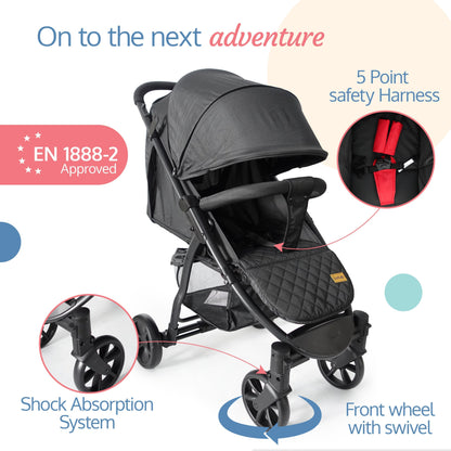 Primo Baby Stroller/Pram with 5 Point Safety Harness, EN1888-2 Certified, Looking Window, Multi Level Recline & Adjustable footrest, Extendable Canopy, Black