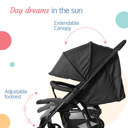 Primo Baby Stroller/Pram with 5 Point Safety Harness, EN1888-2 Certified, Looking Window, Multi Level Recline & Adjustable footrest, Extendable Canopy, Black