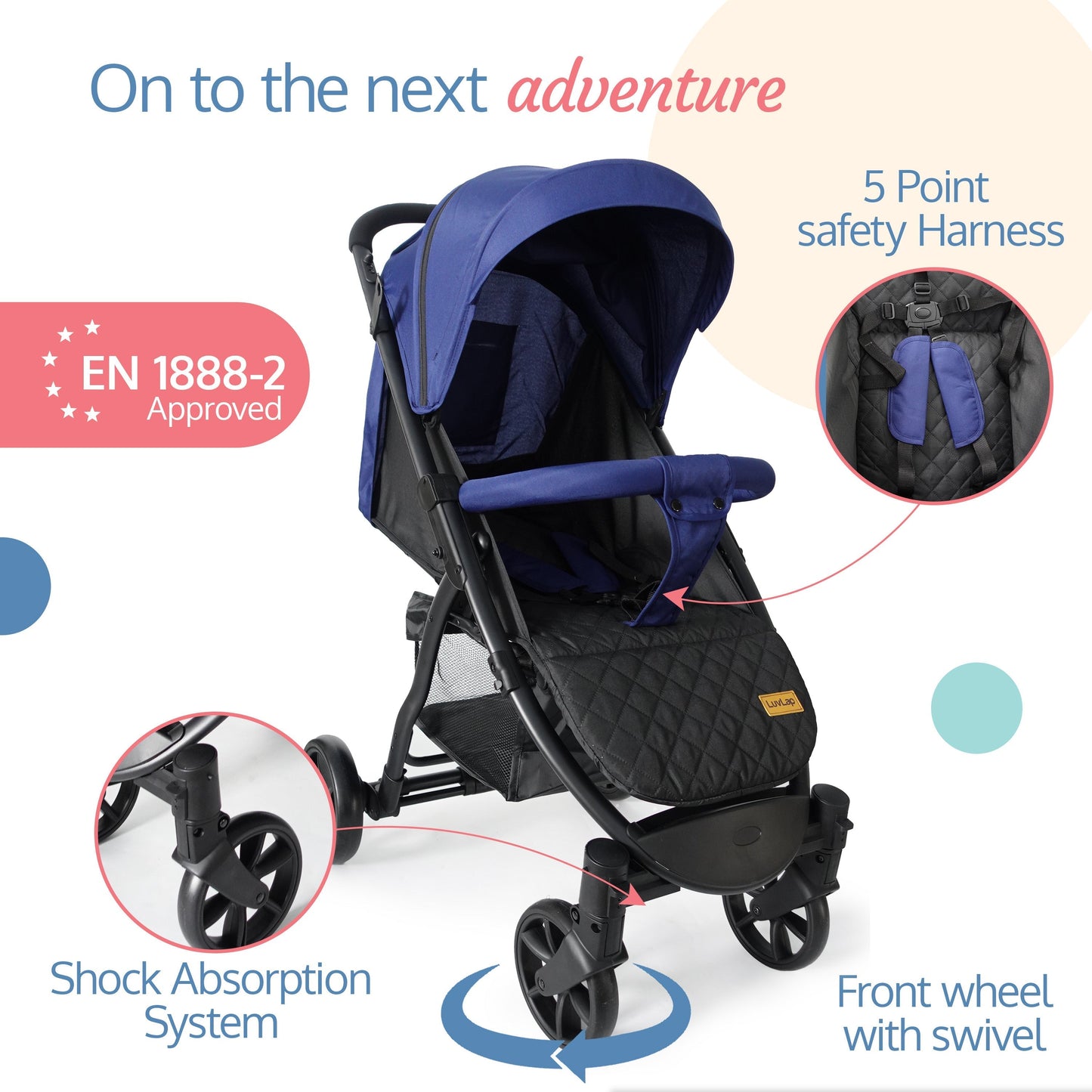 Primo Baby Stroller/Pram with 5 Point Safety Harness, EN1888-2 Certified, Looking Window, Multi Level Recline & Adjustable footrest, Extendable Canopy, Blue