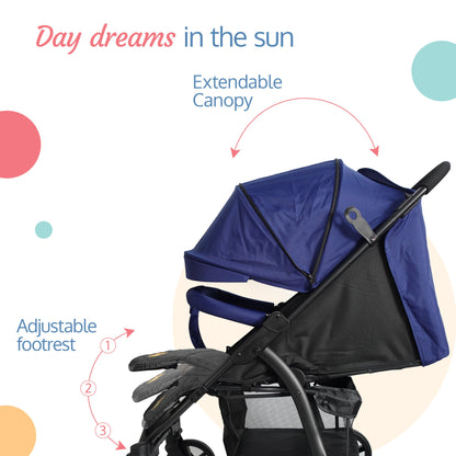 Primo Baby Stroller/Pram with 5 Point Safety Harness, EN1888-2 Certified, Looking Window, Multi Level Recline & Adjustable footrest, Extendable Canopy, Blue