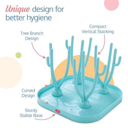Baby Bottle Drying Rack with Branch Shaped Dryer - Complete Solution for Pacifier, Brush, and Accessories: Easy Sterilization, Cleaning, Storage & Travel (Light Blue)
