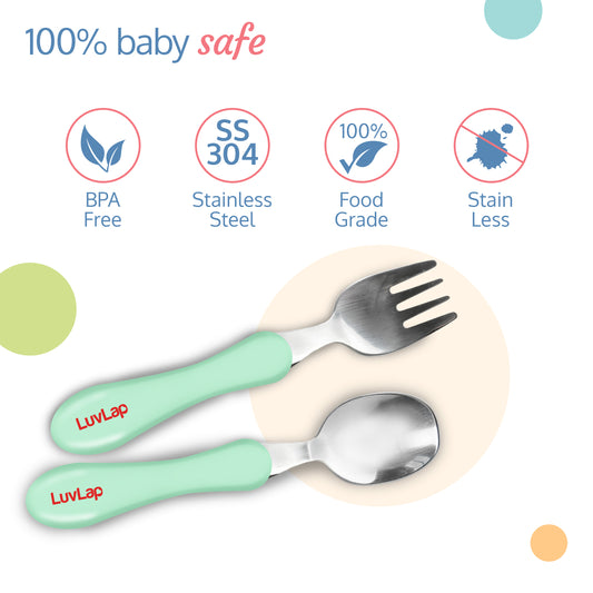 Premium Stainless Steel Baby Spoon & Fork Set for Baby Feeding, Stainless Steel Spoon and Fork Set, Food Grade PP Spoon, BPA Free Feeding Spoon for Kids of 12+ Months (Light Green)