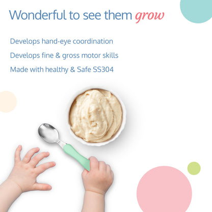 Premium Stainless Steel Baby Spoon & Fork Set for Baby Feeding, Stainless Steel Spoon and Fork Set, Food Grade PP Spoon, BPA Free Feeding Spoon for Kids of 12+ Months (Light Green)