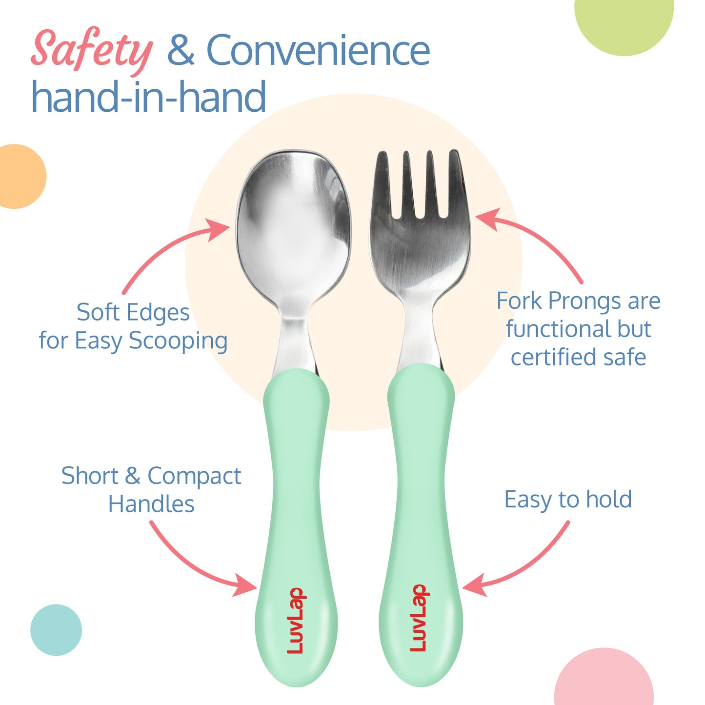 Premium Stainless Steel Baby Spoon & Fork Set for Baby Feeding, Stainless Steel Spoon and Fork Set, Food Grade PP Spoon, BPA Free Feeding Spoon for Kids of 12+ Months (Light Green)