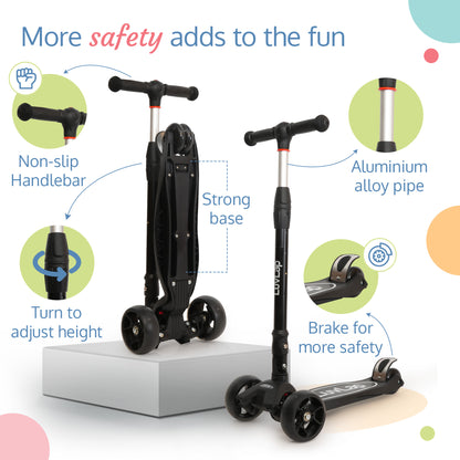 Joy Scooter for Kids- Toddler 3-Wheel Kick Scooter with LED Lights | Stable First Ride for 3-10 Year | Adjustable Height & Easy-Grip Handlebars | Fun Outdoor Gear for Kids, Black
