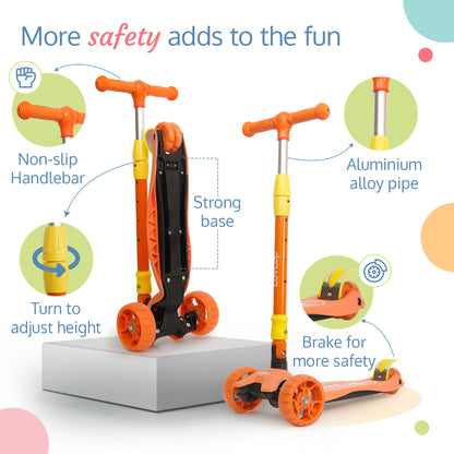Joy Scooter for Kids- Toddler 3-Wheel Kick Scooter with LED Lights | Stable First Ride for 3-10 Year | Adjustable Height & Easy-Grip Handlebars | Fun Outdoor Gear for Kids, Orange & Yellow